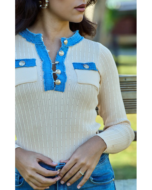 PULL MANCHE LONGUE MAILLE DENIM